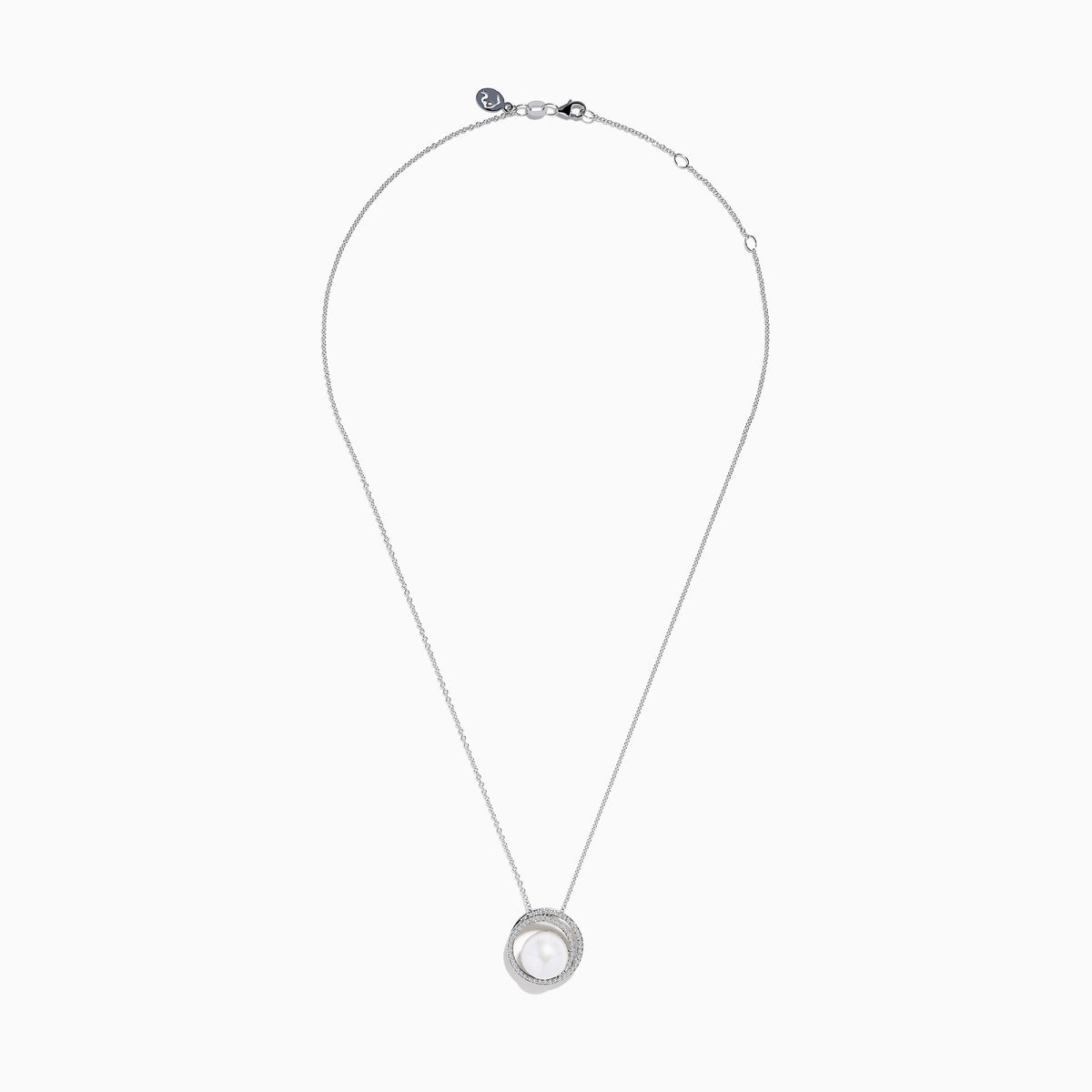 The 14K White Gold Fresh Water Pearl and Diamond Pendant features a round pendant with a central freshwater pearl, surrounded by sparkling diamonds, hanging from a fine white gold chain for an elegant look.