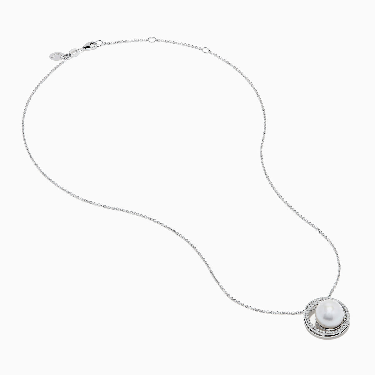 The 14K White Gold Fresh Water Pearl and Diamond Pendant features a round pendant with a central freshwater pearl, surrounded by sparkling diamonds, hanging from a fine white gold chain for an elegant look.
