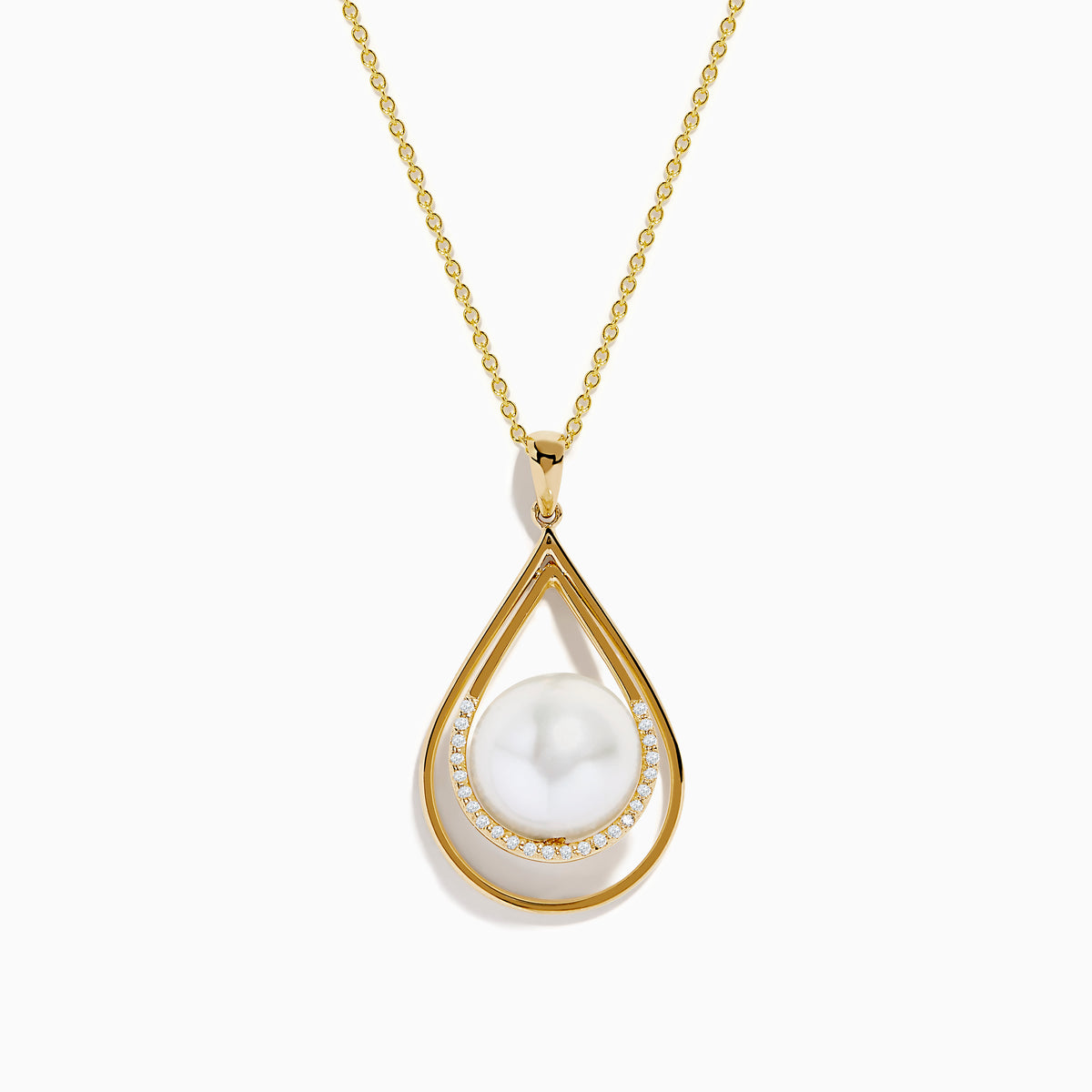 The 14K Yellow Gold Fresh Water Pearl and Diamond Drop Pendant features a teardrop design with a central freshwater pearl, accented by sparkling diamonds in a yellow gold setting.