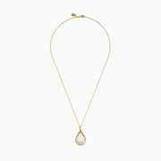 The 14K Yellow Gold Fresh Water Pearl and Diamond Drop Pendant features a teardrop design with a central freshwater pearl, accented by sparkling diamonds in a yellow gold setting.