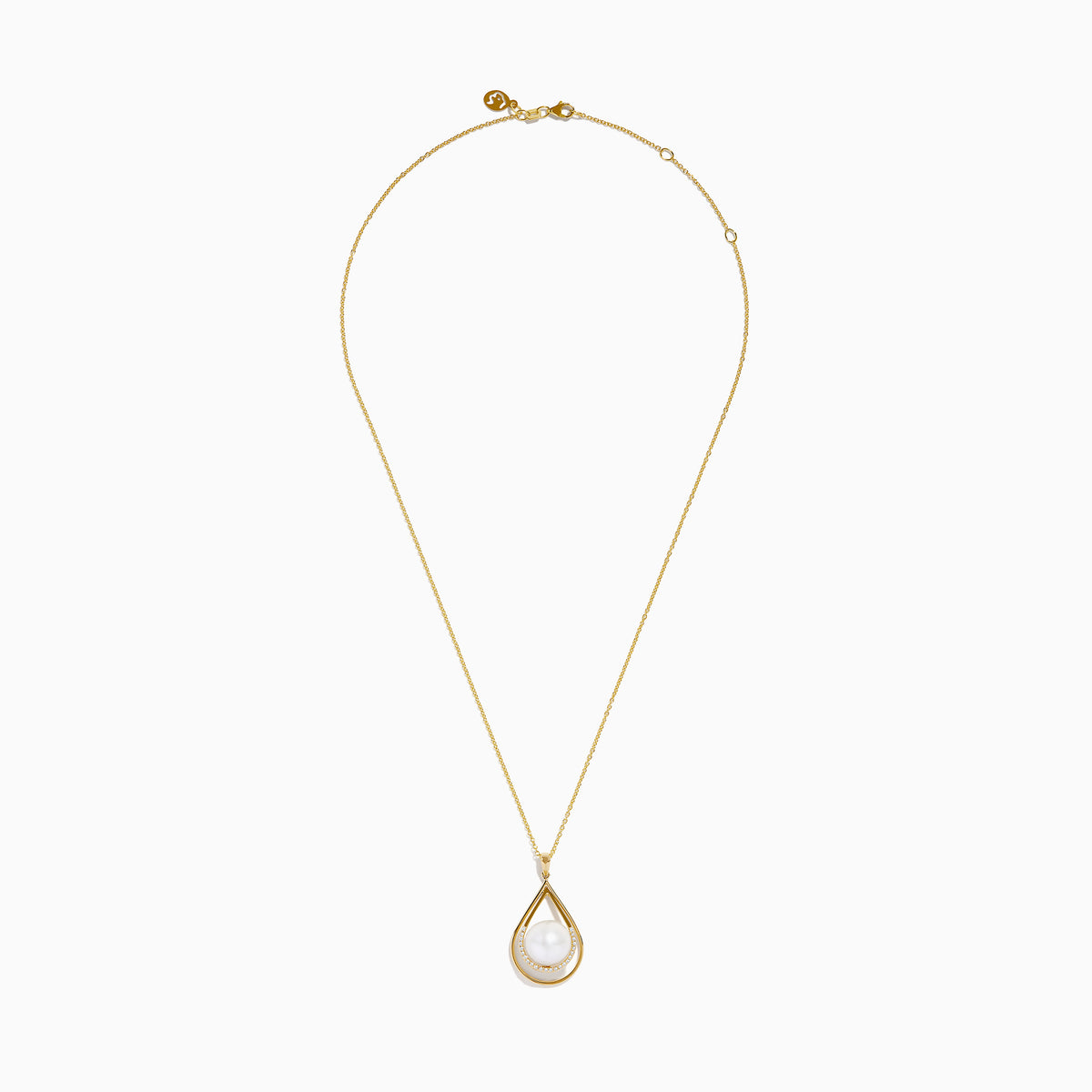 The 14K Yellow Gold Fresh Water Pearl and Diamond Drop Pendant features a teardrop design with a central freshwater pearl, accented by sparkling diamonds in a yellow gold setting.