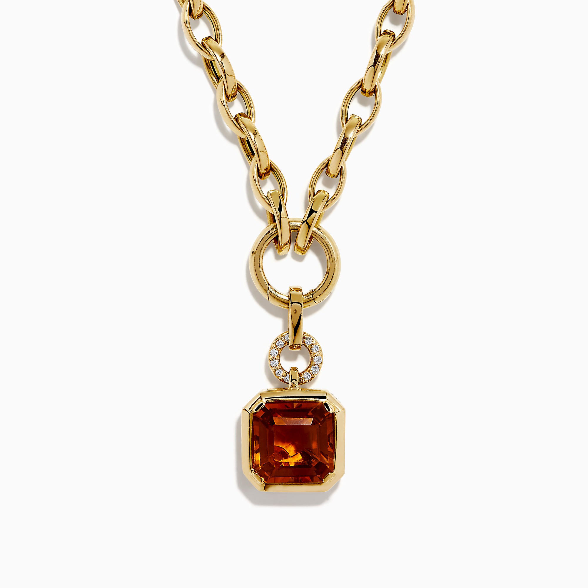 The Sunset 14K Yellow Gold Citrine and Diamond Pendant showcases a circular diamond loop holding a large, emerald-cut citrine gemstone for an elegant, eye-catching look.
