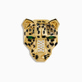 The Signature 14K Yellow Gold Diamond and Emerald Panther Pin features black spots, emerald-green jeweled eyes, and a diamond-adorned nose, displayed on a white background.