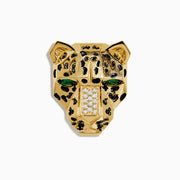 The Signature 14K Yellow Gold Diamond and Emerald Panther Pin features black spots, emerald-green jeweled eyes, and a diamond-adorned nose, displayed on a white background.