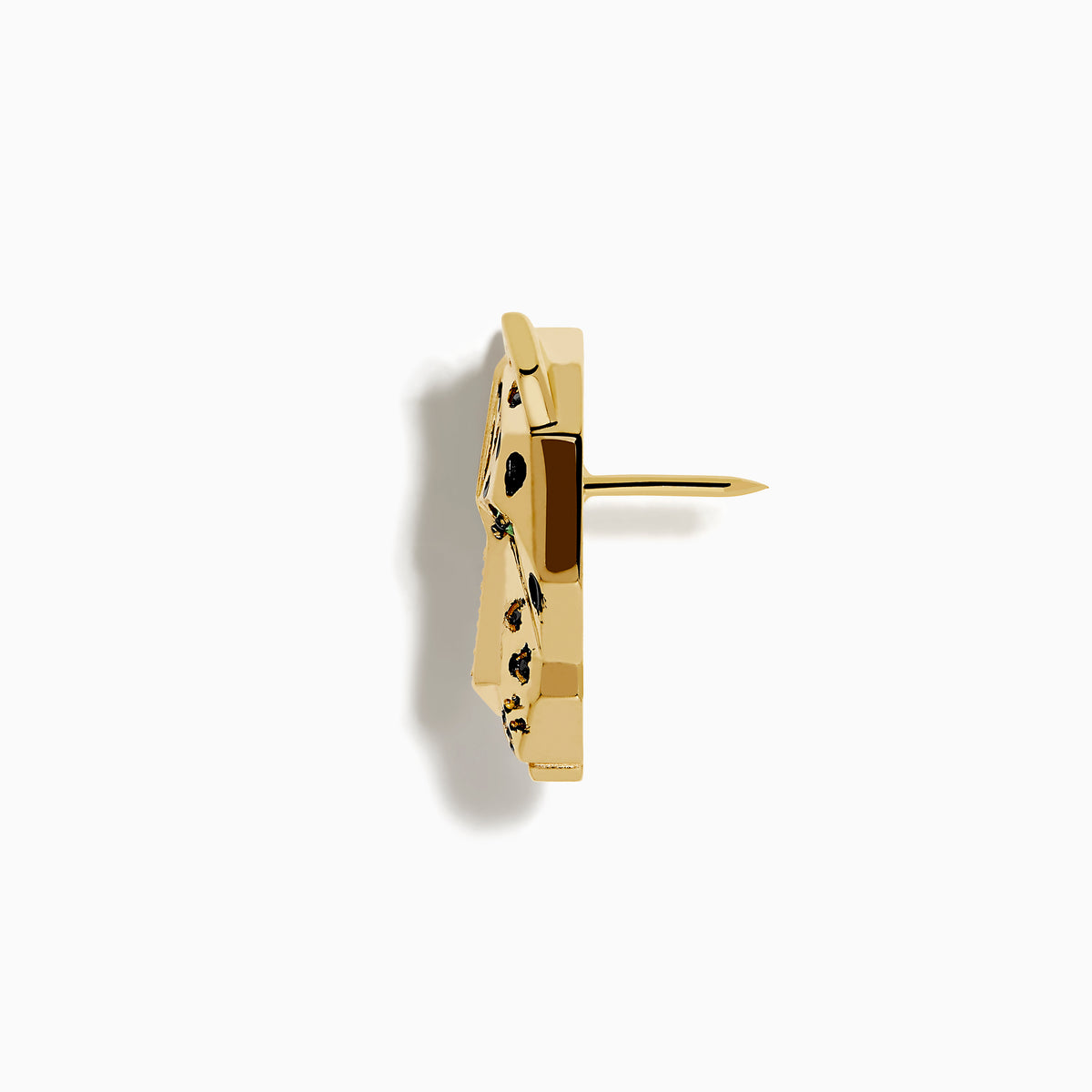The Signature 14K Yellow Gold Diamond and Emerald Panther Pin features black spots, emerald-green jeweled eyes, and a diamond-adorned nose, displayed on a white background.