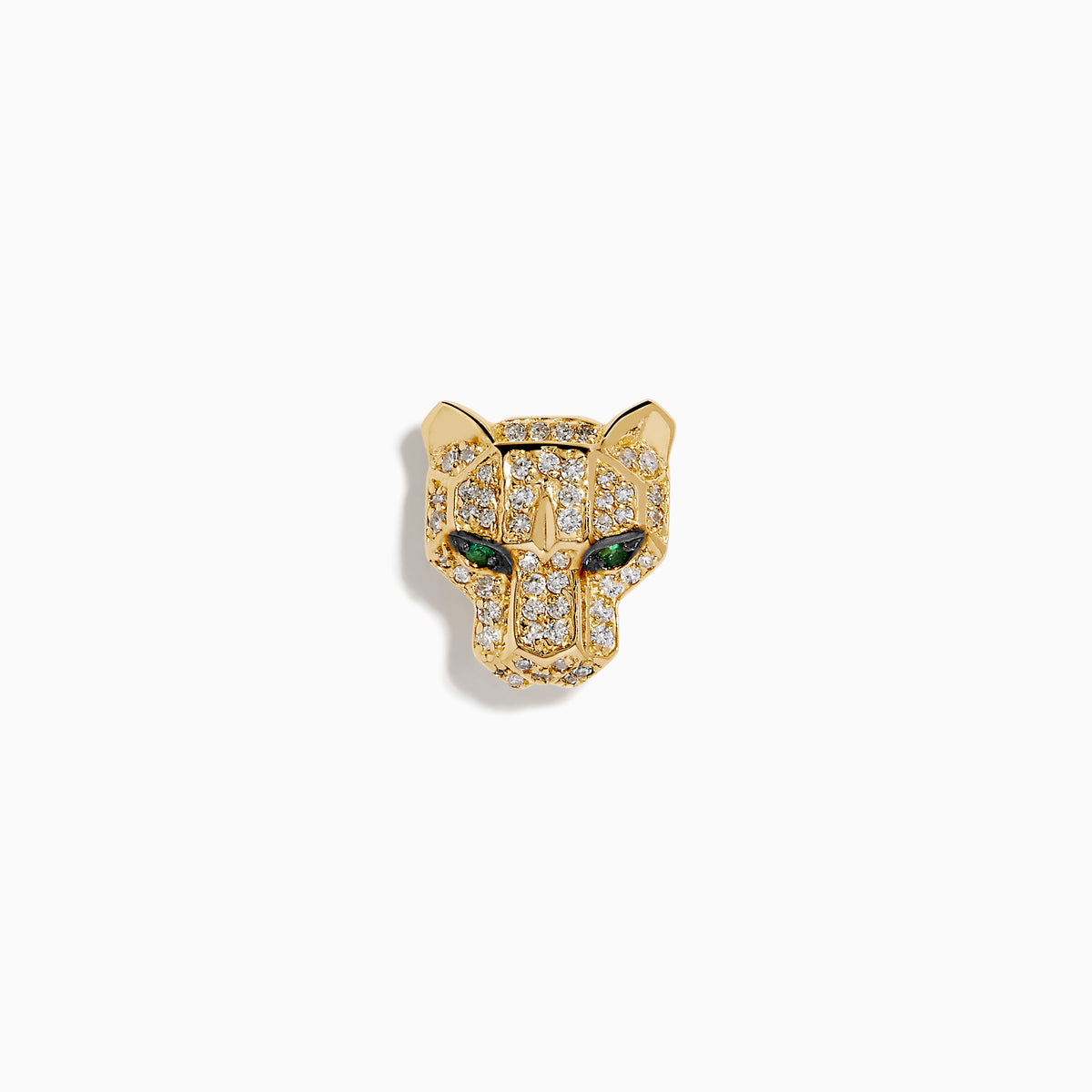 The Signature 14K Yellow Gold Diamond and Emerald Panther Pin features a panther design with sparkling diamonds and vivid emerald eyes, displayed against a plain white background.
