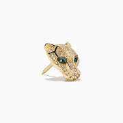 The Signature 14K Yellow Gold Diamond and Emerald Panther Pin features a panther design with sparkling diamonds and vivid emerald eyes, displayed against a plain white background.
