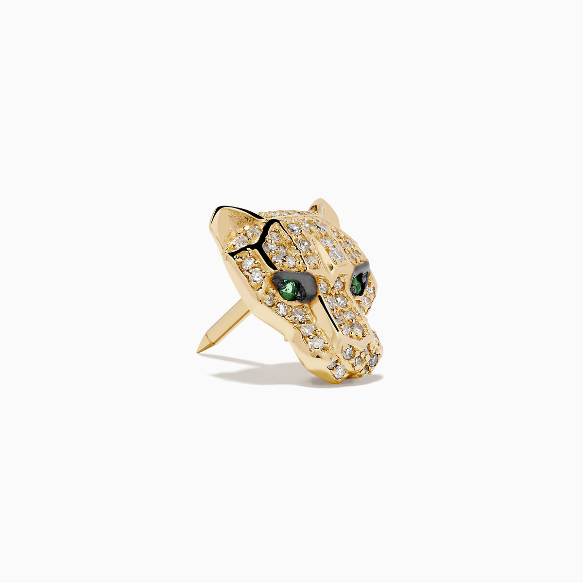 The Signature 14K Yellow Gold Diamond and Emerald Panther Pin features a panther design with sparkling diamonds and vivid emerald eyes, displayed against a plain white background.