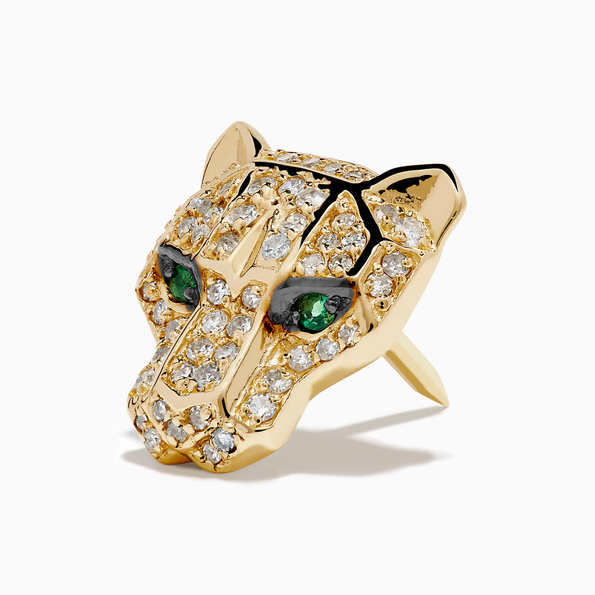 The Signature 14K Yellow Gold Diamond and Emerald Panther Pin features a panther design with sparkling diamonds and vivid emerald eyes, displayed against a plain white background.