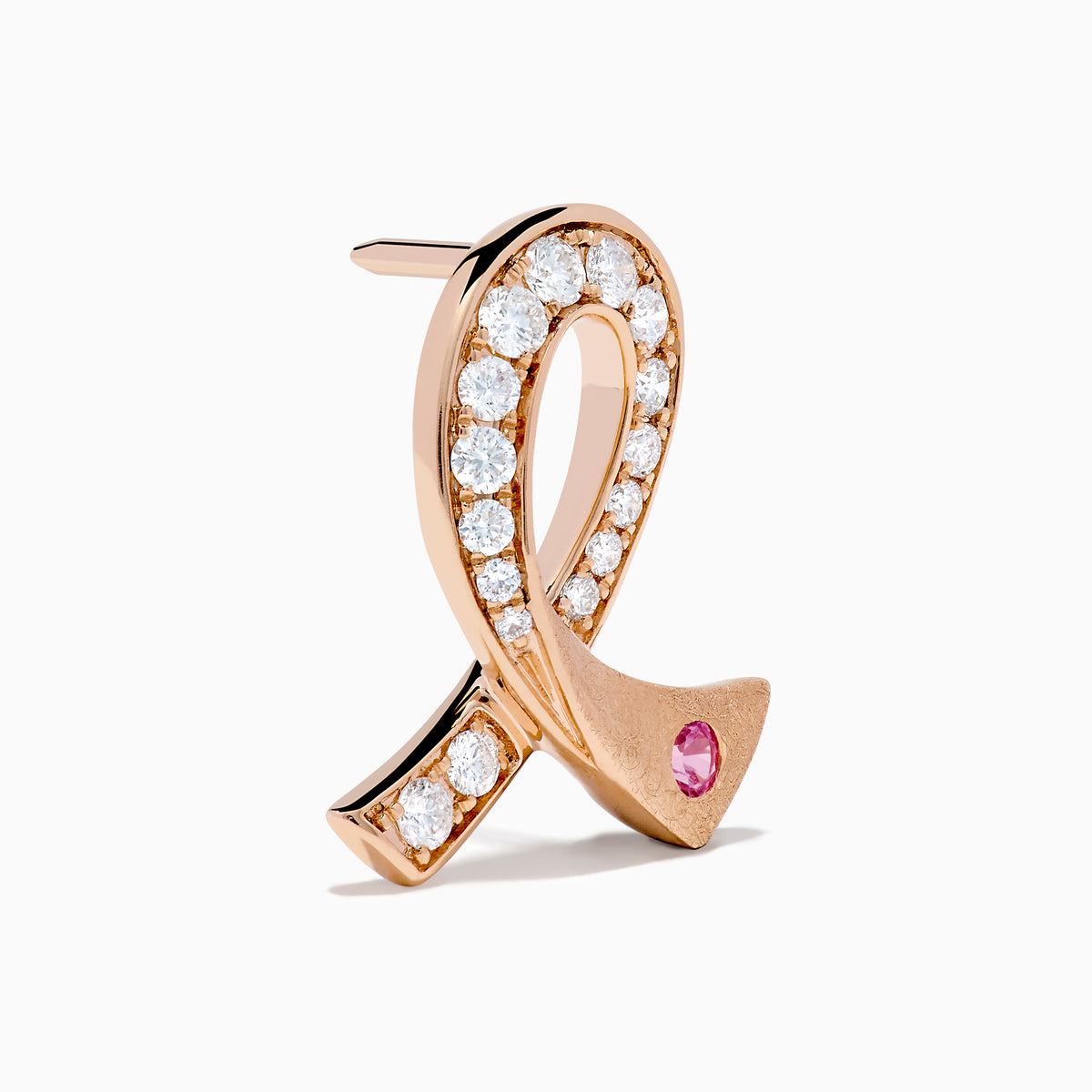 The Novelty 14K Rose Gold Pink Sapphire & Diamond Pink Ribbon Pin sparkles with white diamonds and a pink sapphire, elegantly displayed against a white background.