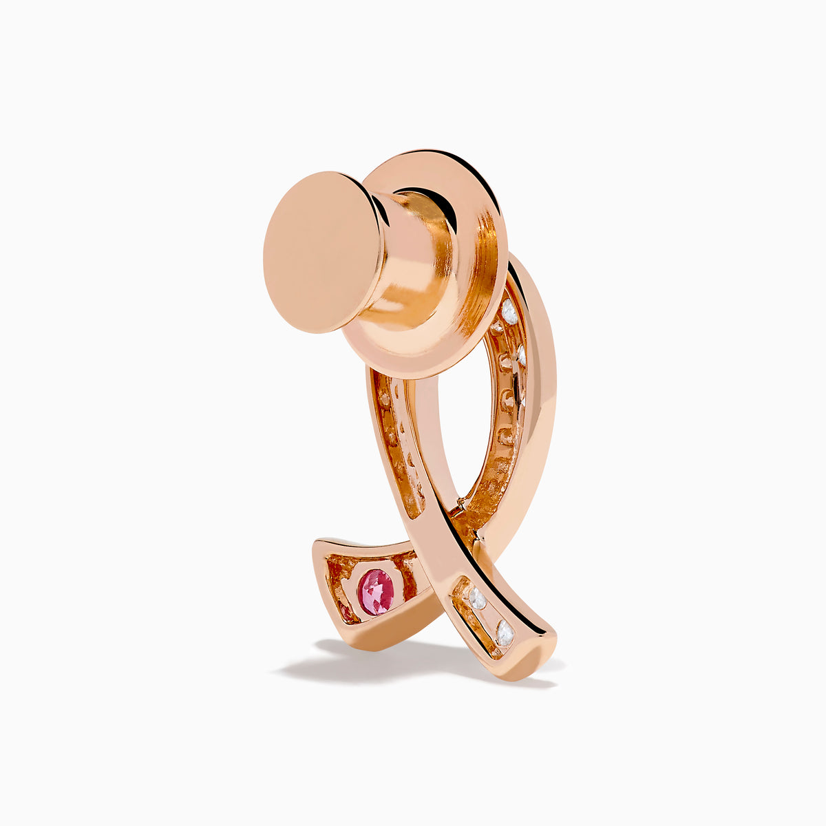 The Novelty 14K Rose Gold Pink Sapphire & Diamond Pink Ribbon Pin sparkles with white diamonds and a pink sapphire, elegantly displayed against a white background.