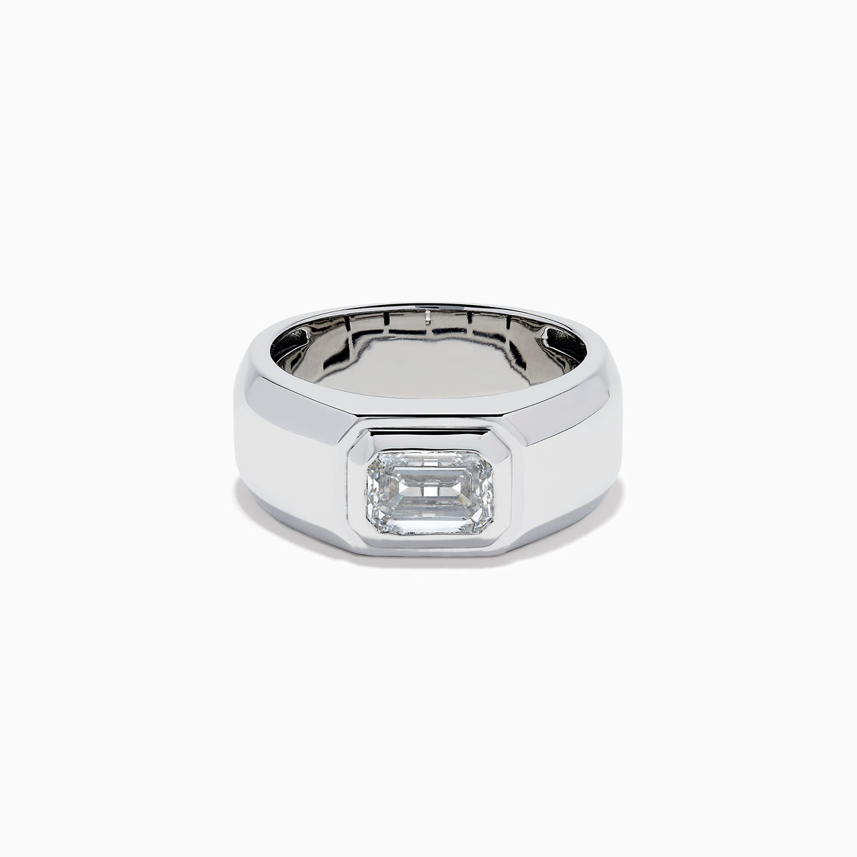 The Lab Grown Diamond Men's Signet Ring in 14K White Gold features a wide band with a rectangular emerald-cut lab-grown diamond at its center, shown against a white background.