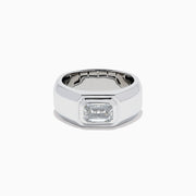 The Lab Grown Diamond Men's Signet Ring in 14K White Gold features a wide band with a rectangular emerald-cut lab-grown diamond at its center, shown against a white background.