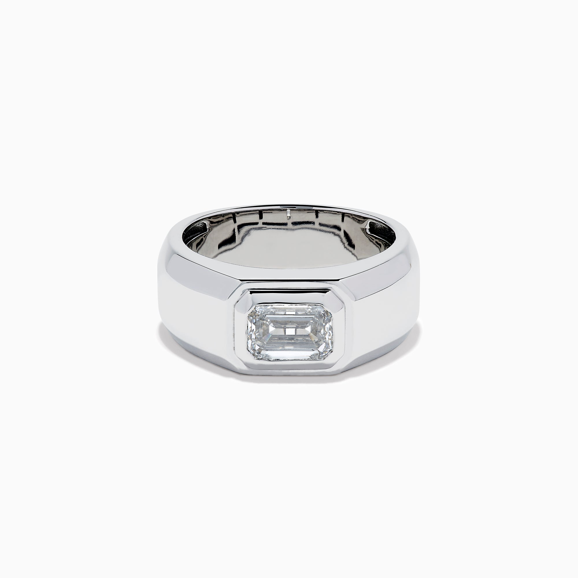 The Lab Grown Diamond Men's Signet Ring in 14K White Gold features a wide band with a rectangular emerald-cut lab-grown diamond at its center, shown against a white background.