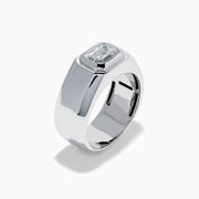 The Lab Grown Diamond Men's Signet Ring in 14K White Gold features a wide band with a rectangular emerald-cut lab-grown diamond at its center, shown against a white background.