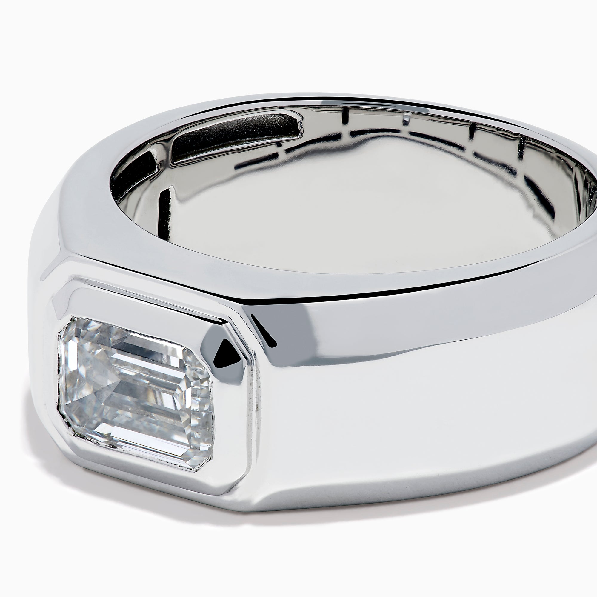The Lab Grown Diamond Men's Signet Ring in 14K White Gold features a wide band with a rectangular emerald-cut lab-grown diamond at its center, shown against a white background.