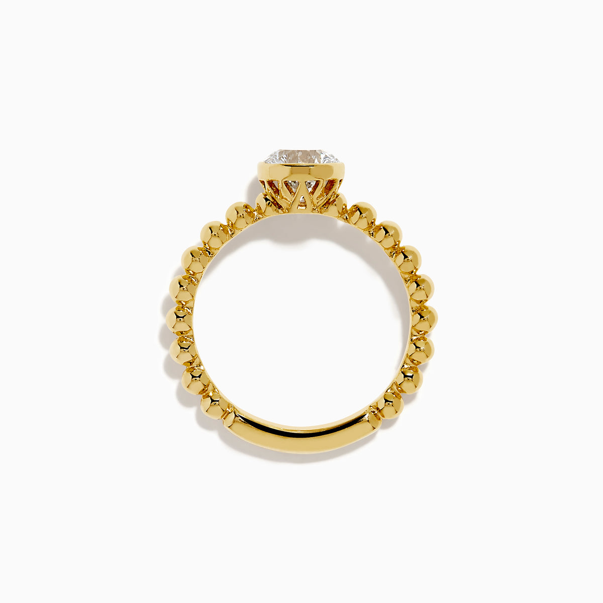 The Star Lab Grown Diamond Moderne Ring in 18K yellow gold features a beaded band and a large round lab diamond at its center, displayed on a white background.