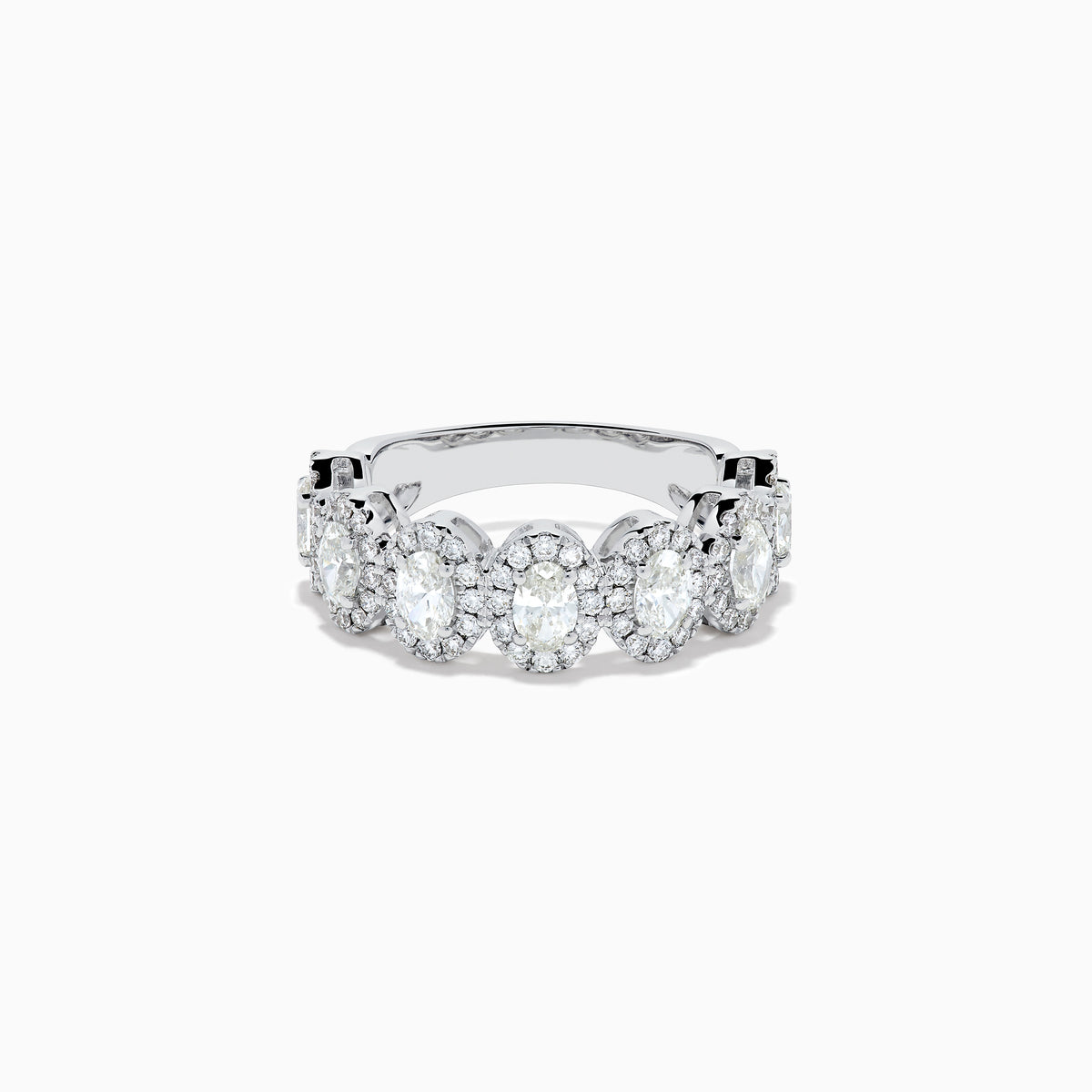 The 18K White Gold Diamond Oval Halo Band Ring showcases large oval-cut diamonds, each surrounded by a sparkling halo of smaller stones, elegantly displayed on a white background.