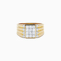 The Men's 14K Yellow Gold Diamond Cluster Ring features a wide band with three grooves on each side and a rectangular cluster of sparkling round diamonds set atop the bold design.