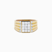 The Men's 14K Yellow Gold Diamond Cluster Ring features a wide band with three grooves on each side and a rectangular cluster of sparkling round diamonds set atop the bold design.