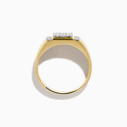 The Men's 14K Yellow Gold Diamond Cluster Ring features a wide band with three grooves on each side and a rectangular cluster of sparkling round diamonds set atop the bold design.