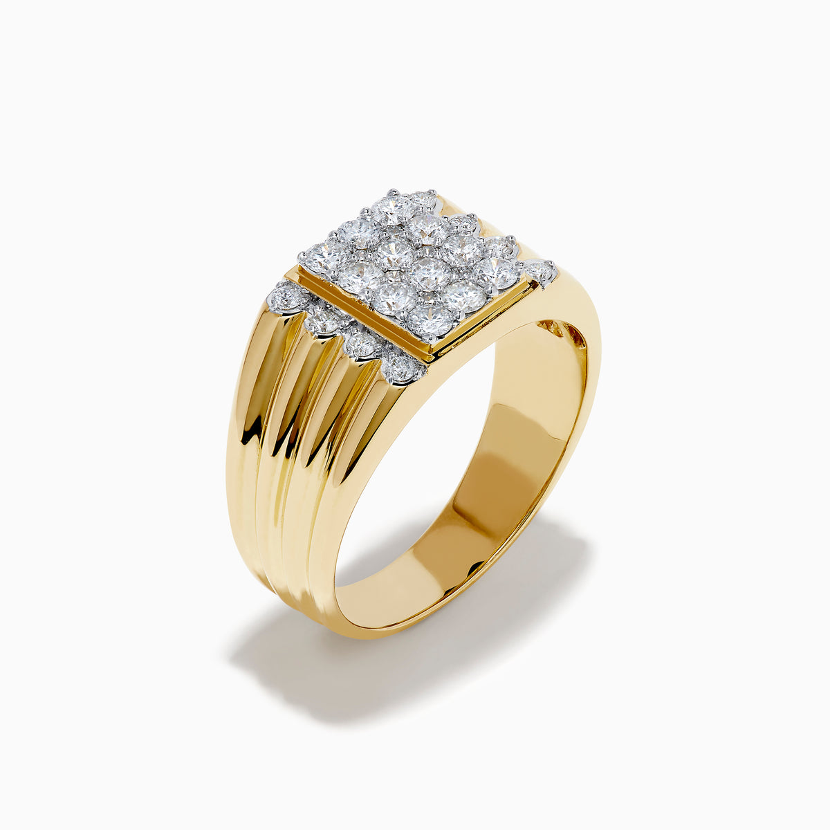 The Men's 14K Yellow Gold Diamond Cluster Ring features a wide band with three grooves on each side and a rectangular cluster of sparkling round diamonds set atop the bold design.