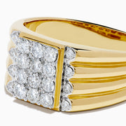 The Men's 14K Yellow Gold Diamond Cluster Ring features a wide band with three grooves on each side and a rectangular cluster of sparkling round diamonds set atop the bold design.