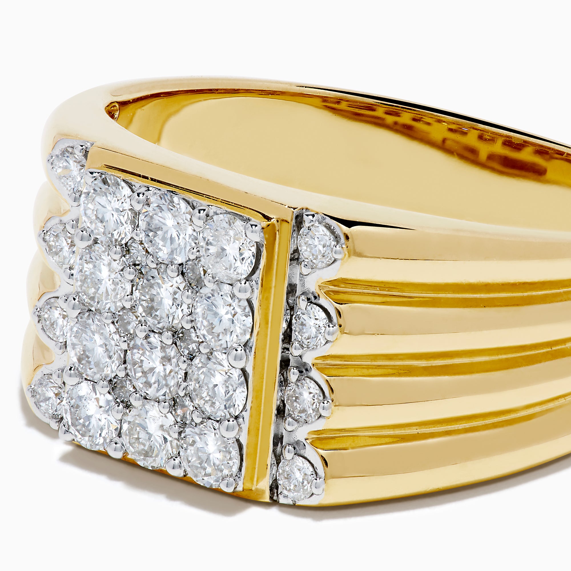 The Men's 14K Yellow Gold Diamond Cluster Ring features a wide band with three grooves on each side and a rectangular cluster of sparkling round diamonds set atop the bold design.