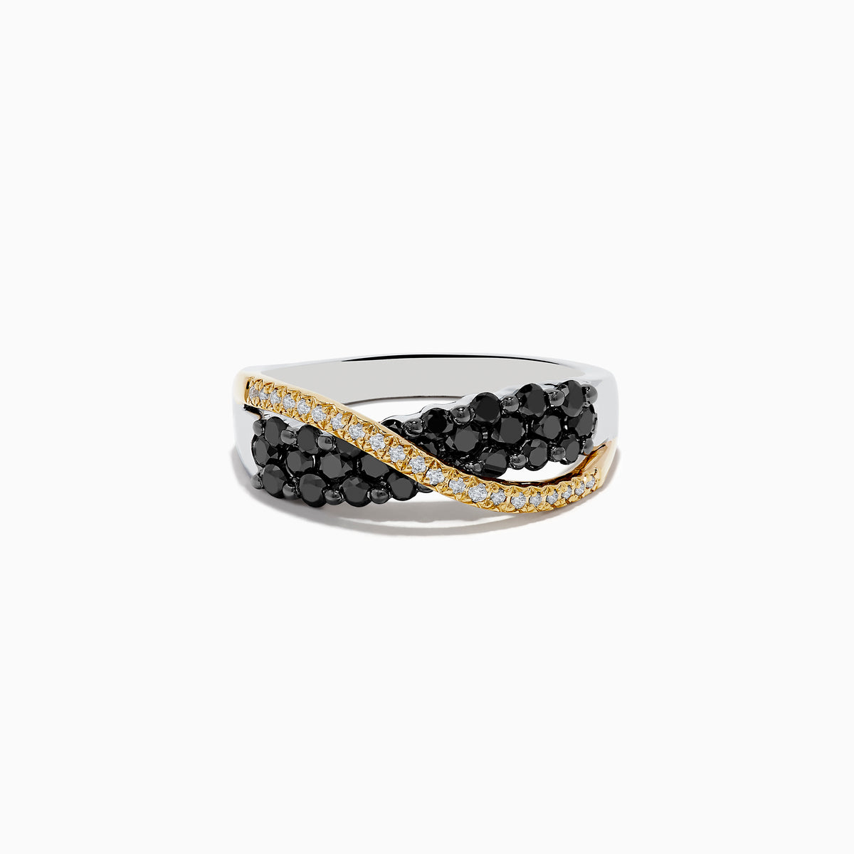 The 14K Two-Tone Gold Black and White Diamond Crossover Ring showcases two rows of black diamonds crossed diagonally by a wavy line of white stones set in gold.