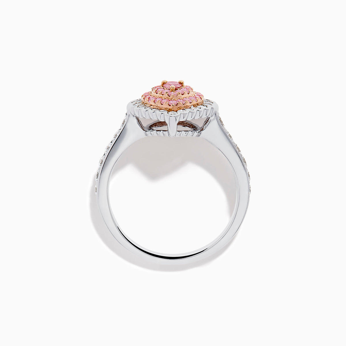 The 18K Two Tone Gold Pink and White Diamond Ring features a teardrop-shaped pink diamond cluster encircled by white diamonds, set on a two-tone gold band adorned with additional diamonds.