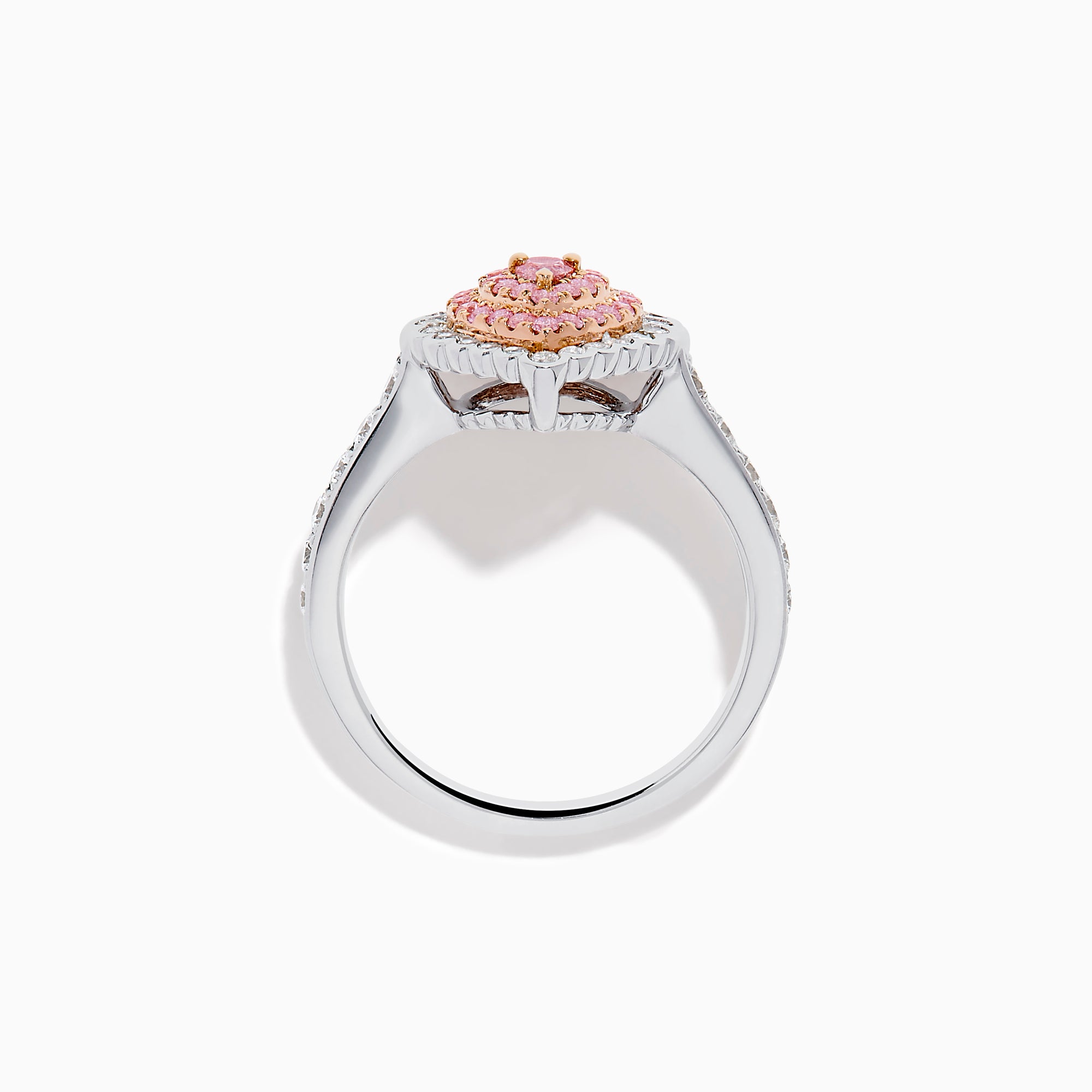 The 18K Two Tone Gold Pink and White Diamond Ring features a teardrop-shaped pink diamond cluster encircled by white diamonds, set on a two-tone gold band adorned with additional diamonds.