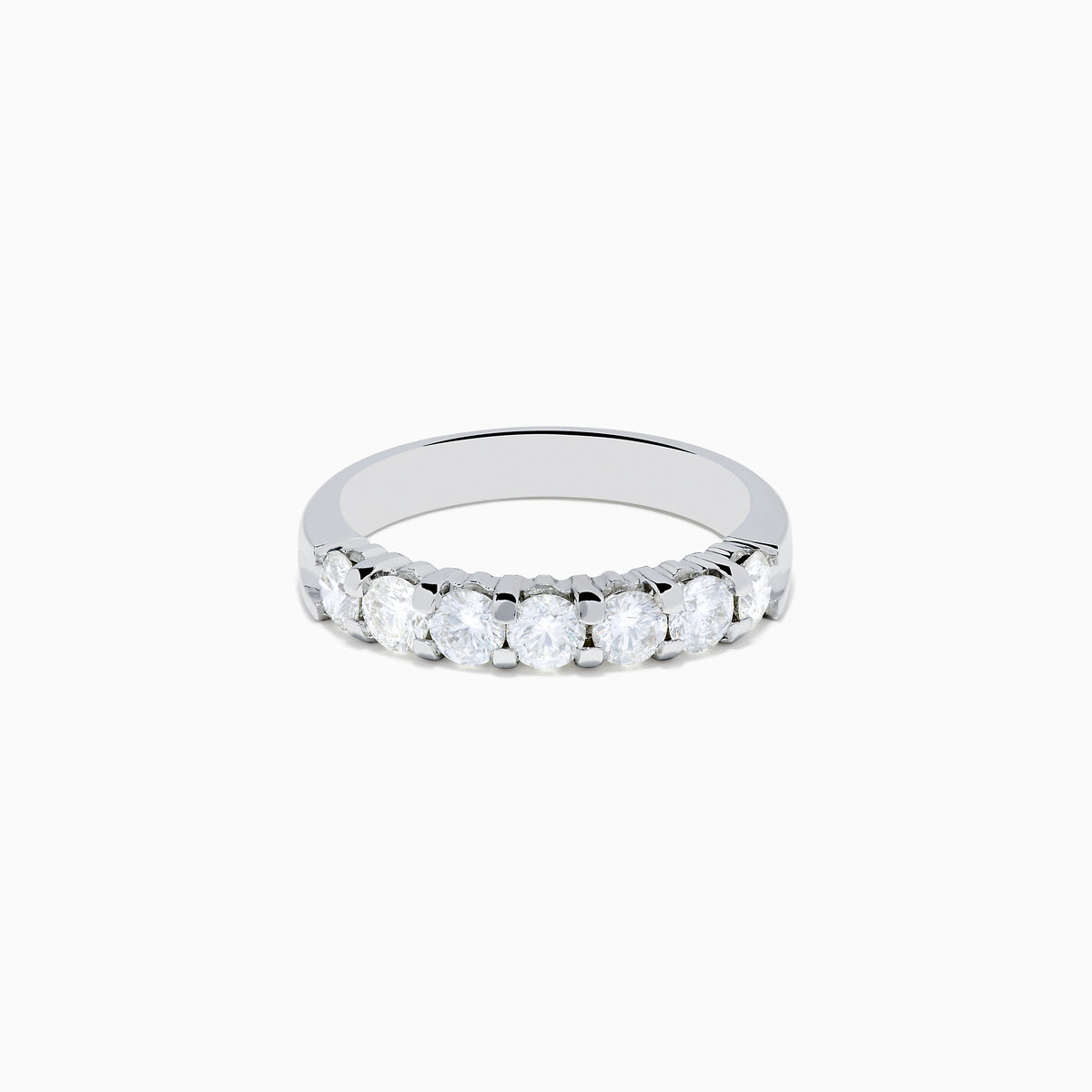 The 14K White Gold 7-Stone Prong Set Diamond Band, 1.00 TCW, features seven round diamonds set closely together along the top half of the band.