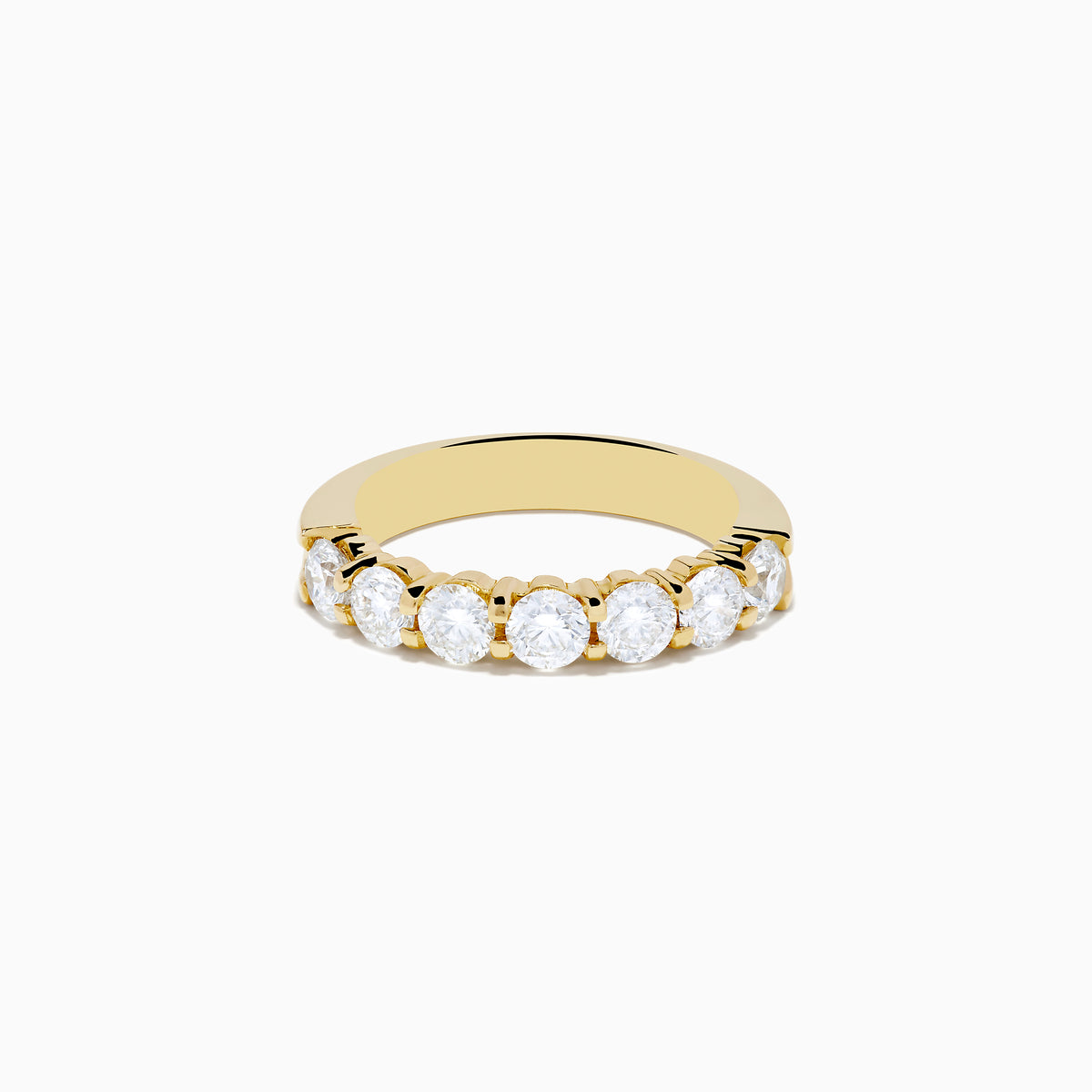 The 14K Yellow Gold 7-Stone Prong Set Diamond Band, 1.50 TCW, features a row of diamonds and is shown on a white background.