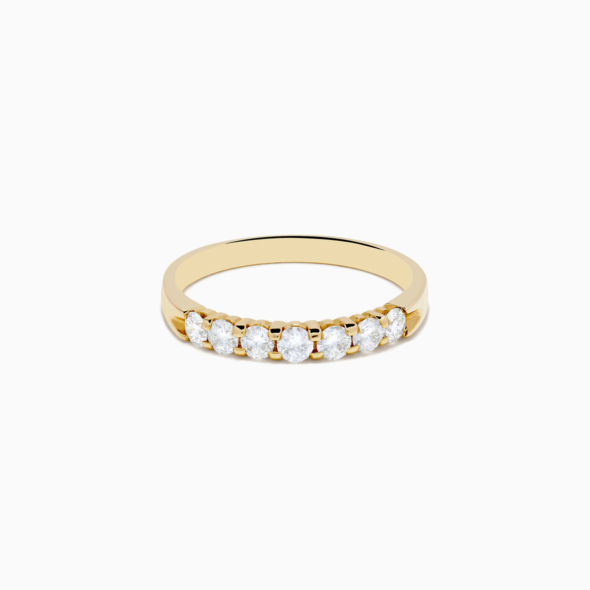 The 14K Yellow Gold 7-Stone Prong Set Diamond Band, 0.50 TCW, features a row of seven round white diamonds prong set across the top and is shown against a plain white background.