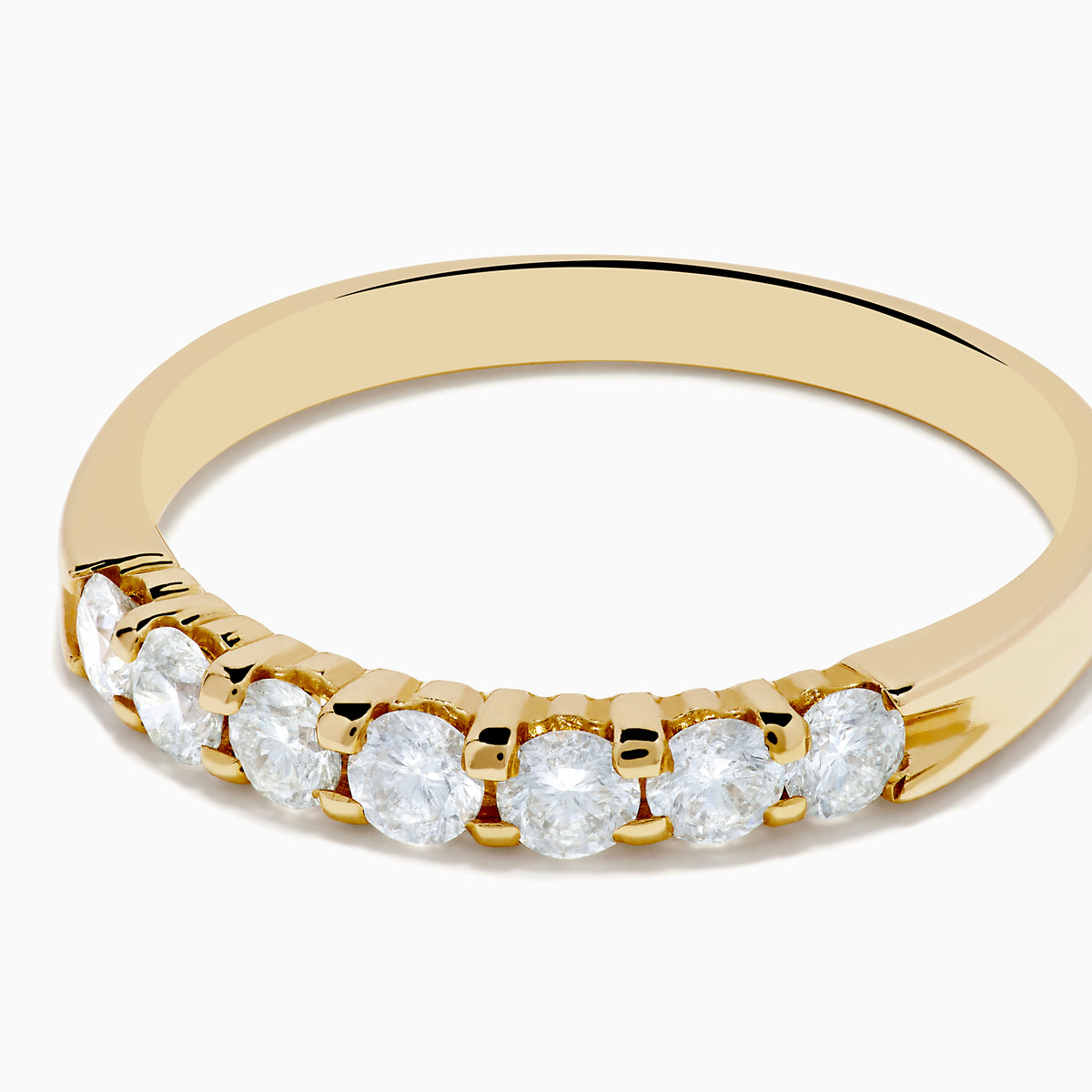 The 14K Yellow Gold 7-Stone Prong Set Diamond Band, 0.50 TCW, features a row of seven round white diamonds prong set across the top and is shown against a plain white background.