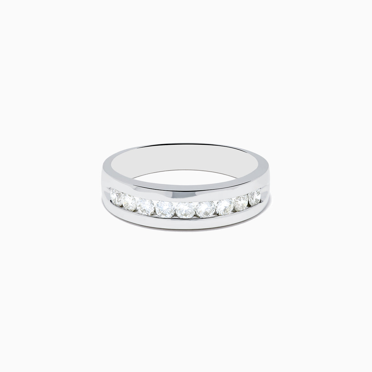 Mens 14K white gold band with nine channel-set diamonds (0.75 TCW), shown on a plain white background.