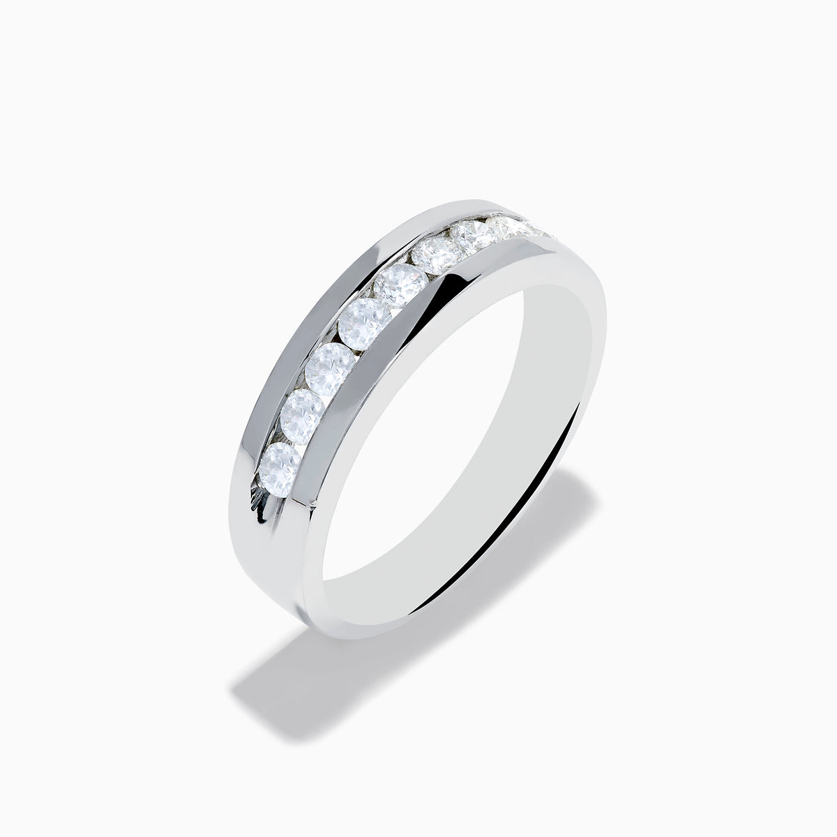 Mens 14K white gold band with nine channel-set diamonds (0.75 TCW), shown on a plain white background.
