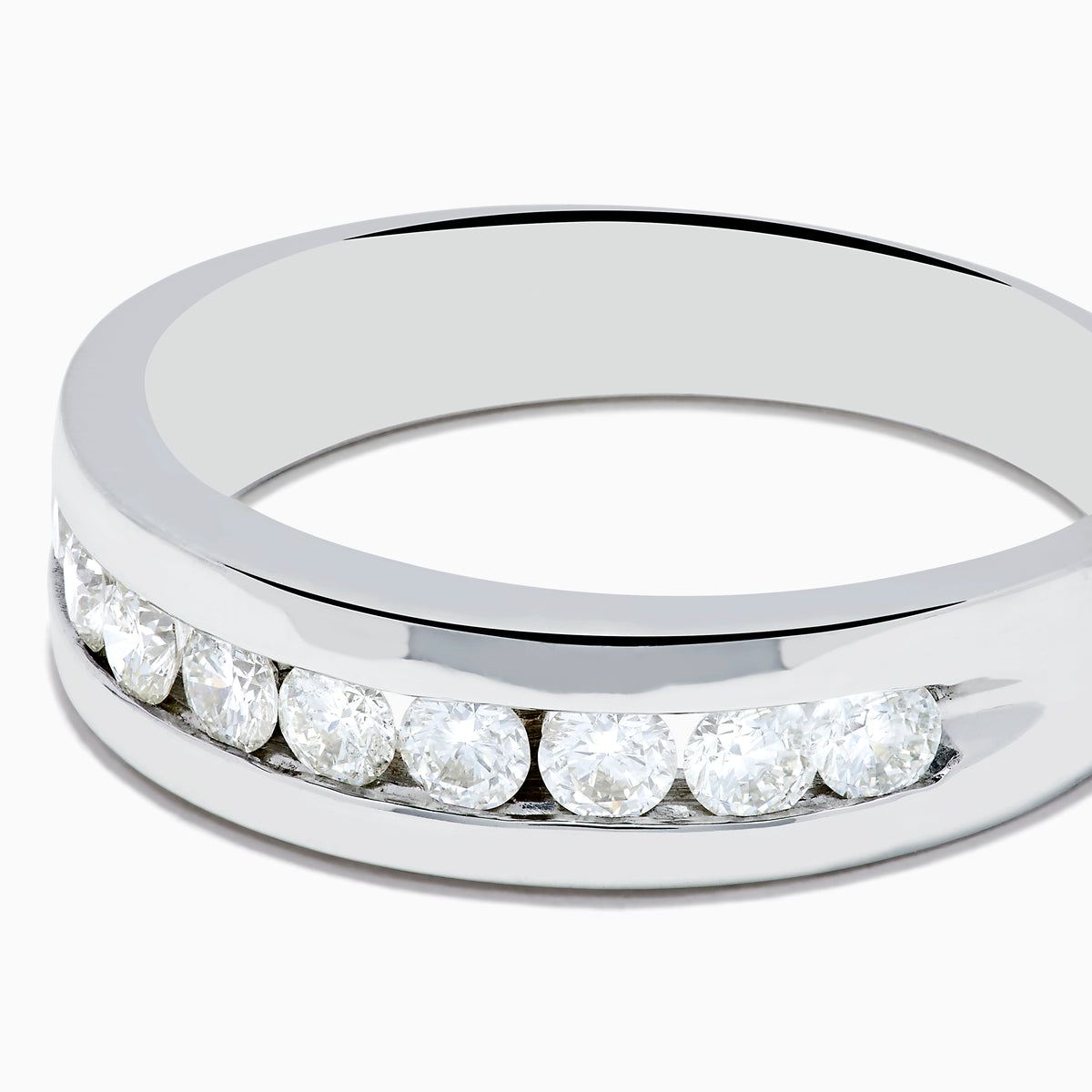 Mens 14K white gold band with nine channel-set diamonds (0.75 TCW), shown on a plain white background.