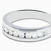 Mens 14K white gold band with nine channel-set diamonds (0.75 TCW), shown on a plain white background.