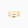 The Mens 14K Yellow Gold 9-Stone Channel Set Diamond Band, 0.75 TCW, showcases nine round diamonds in a horizontal channel across the front, displayed on a plain white background.