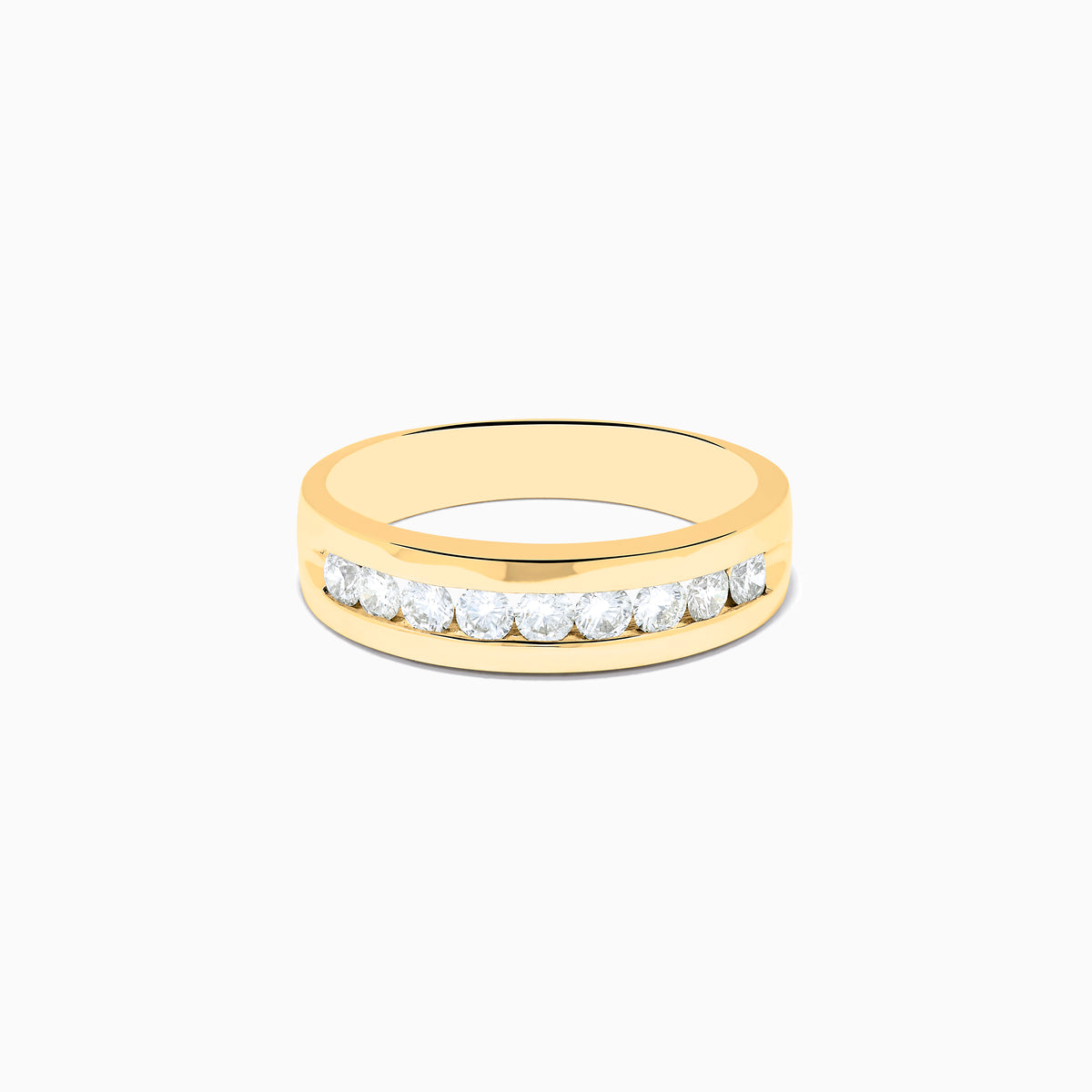 The Mens 14K Yellow Gold 9-Stone Channel Set Diamond Band, 0.75 TCW, showcases nine round diamonds in a horizontal channel across the front, displayed on a plain white background.