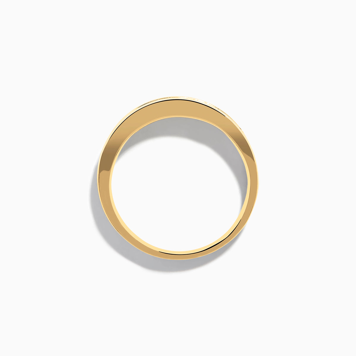 The Mens 14K Yellow Gold 9-Stone Channel Set Diamond Band, 0.75 TCW, showcases nine round diamonds in a horizontal channel across the front, displayed on a plain white background.