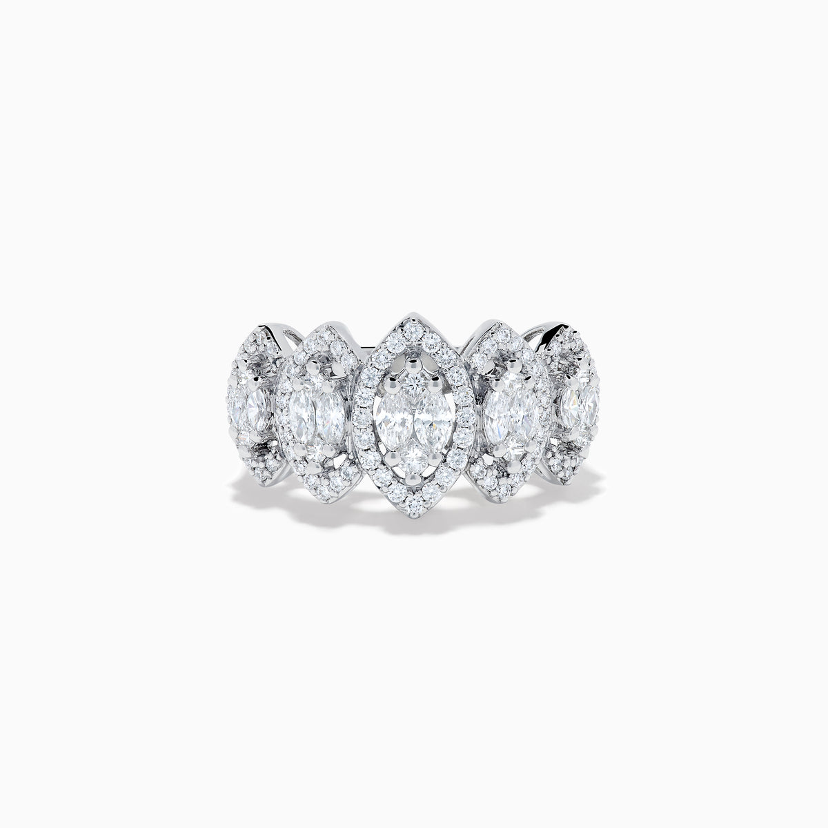 The 14K White Gold Diamond Marquise Halo Band Ring features five marquise diamond clusters, each surrounded by a halo of smaller diamonds, shown against a plain white background.