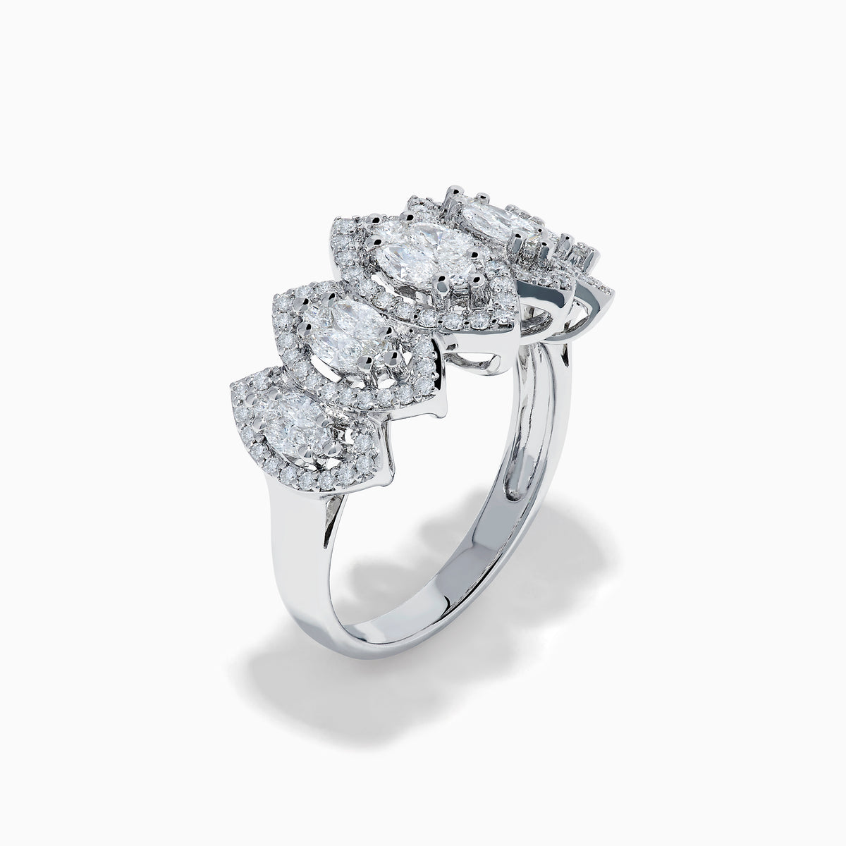 The 14K White Gold Diamond Marquise Halo Band Ring features five marquise diamond clusters, each surrounded by a halo of smaller diamonds, shown against a plain white background.