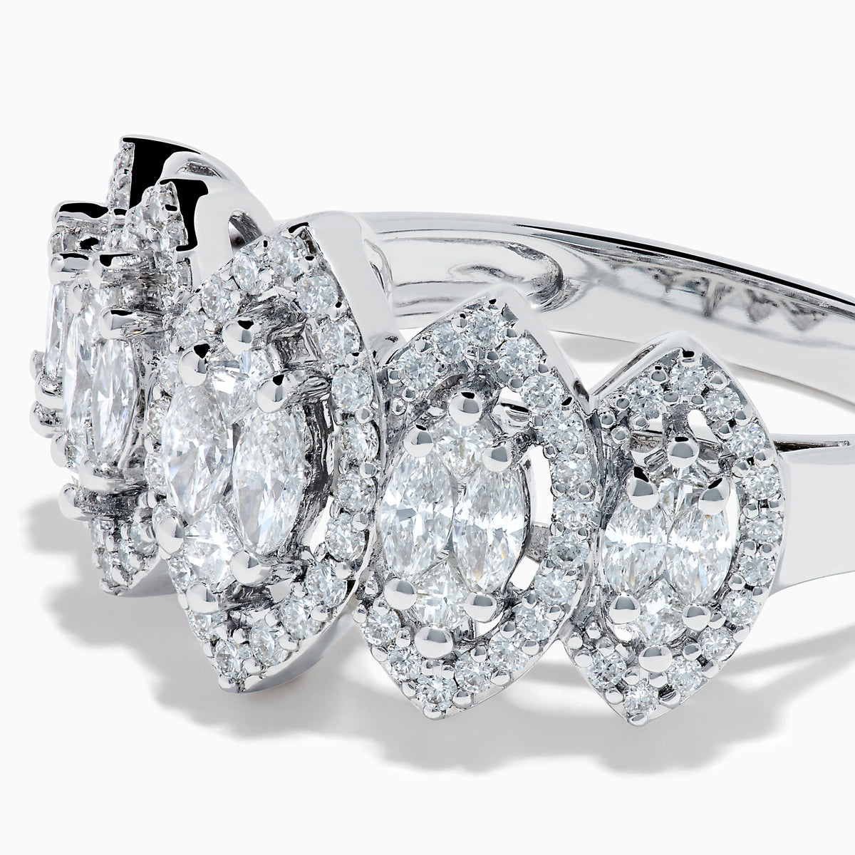 The 14K White Gold Diamond Marquise Halo Band Ring features five marquise diamond clusters, each surrounded by a halo of smaller diamonds, shown against a plain white background.