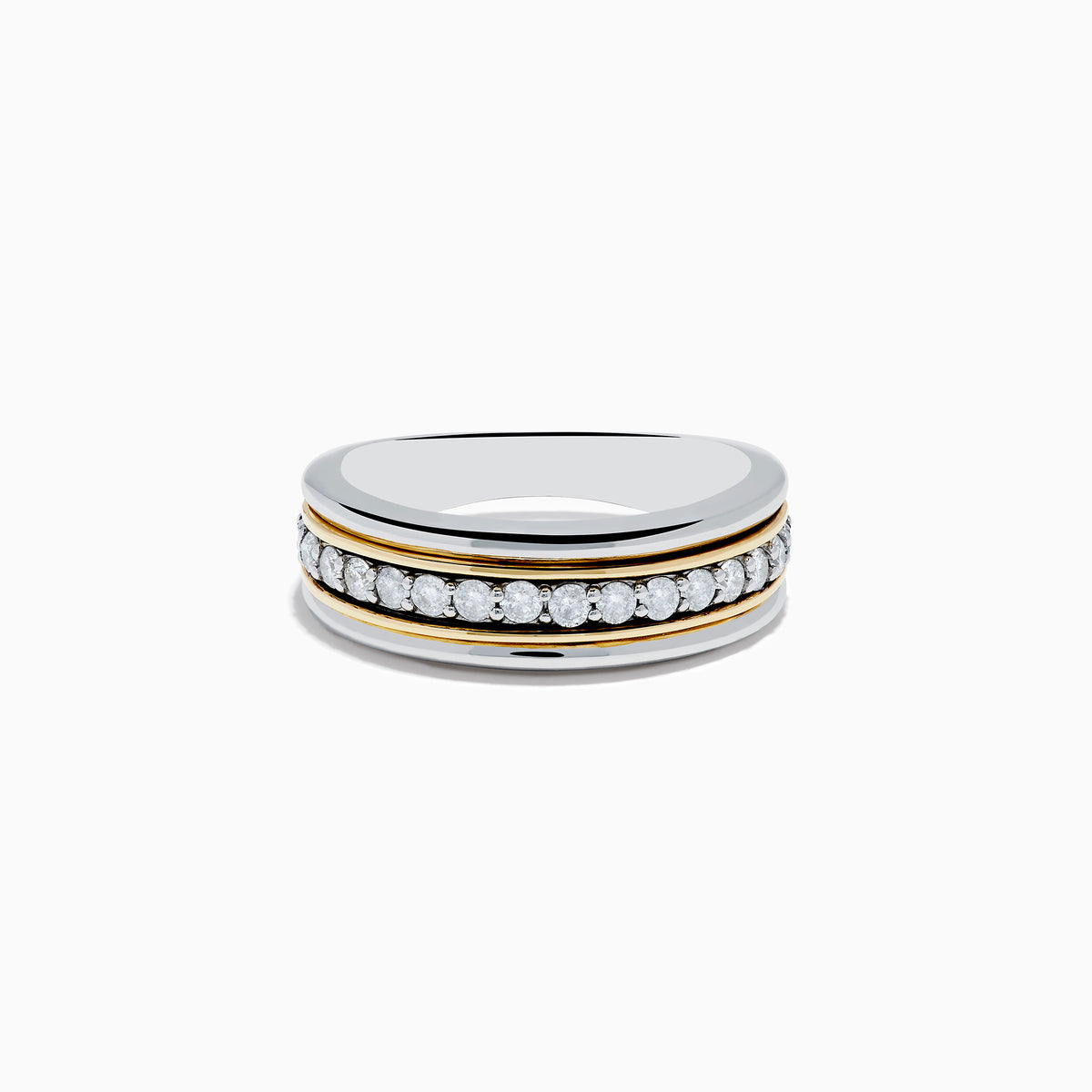 The Mens 925 Sterling Silver & 18K Yellow Gold Diamond Band Ring features a central band of small white diamonds in sterling silver, bordered by two slim 18K yellow gold bands, displayed on a white background.