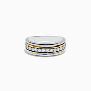 The Mens 925 Sterling Silver & 18K Yellow Gold Diamond Band Ring features a central band of small white diamonds in sterling silver, bordered by two slim 18K yellow gold bands, displayed on a white background.