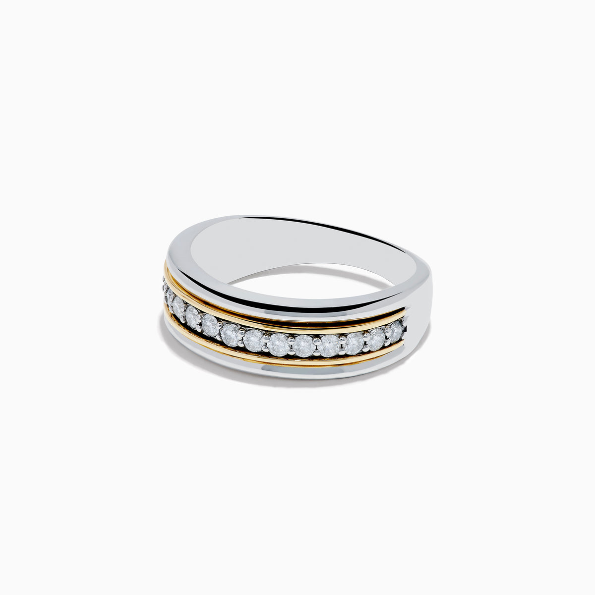 The Mens 925 Sterling Silver & 18K Yellow Gold Diamond Band Ring features a central band of small white diamonds in sterling silver, bordered by two slim 18K yellow gold bands, displayed on a white background.