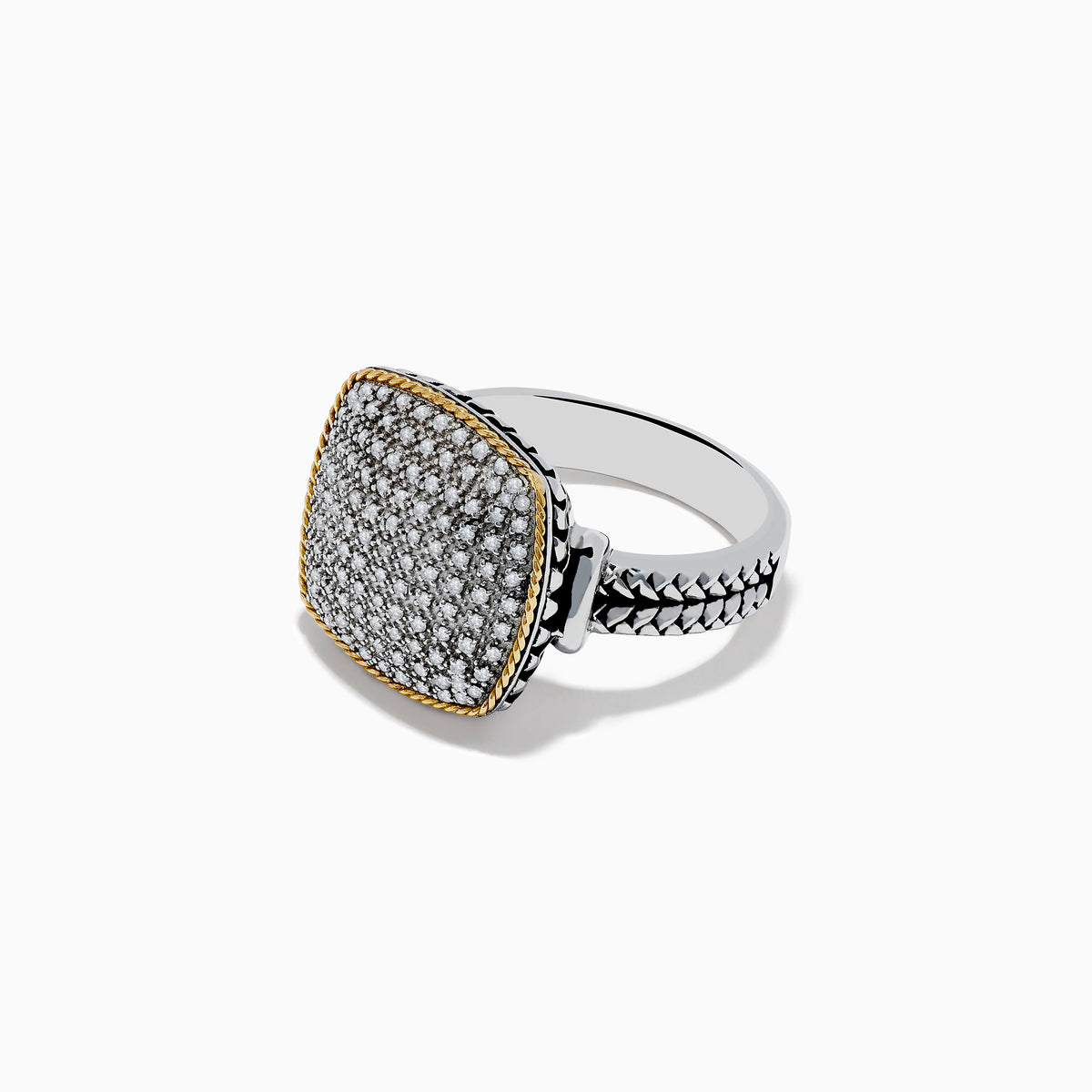 The 925 Sterling Silver/18K Yellow Gold Diamond Ring features a square diamond-encrusted face bordered by a slim gold edge and a split shank band, set against a plain white background.