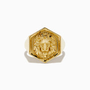 The Mens 14K Yellow Gold Lion Signet Ring features an embossed lions head on a hexagonal face, shown against a white background.